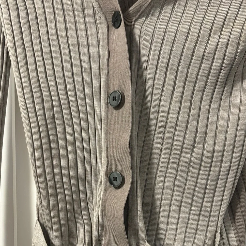 Beige Ribbed Cardigan with Pockets - Picture 3 of 6